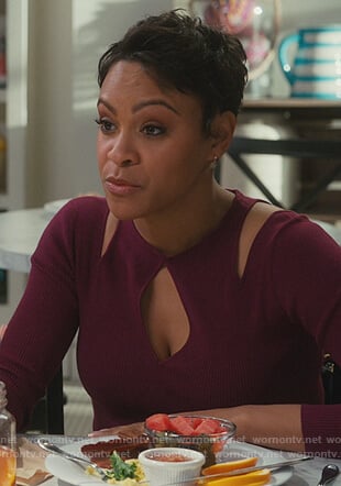 Angela’s purple cutouts sweater on American Housewife
