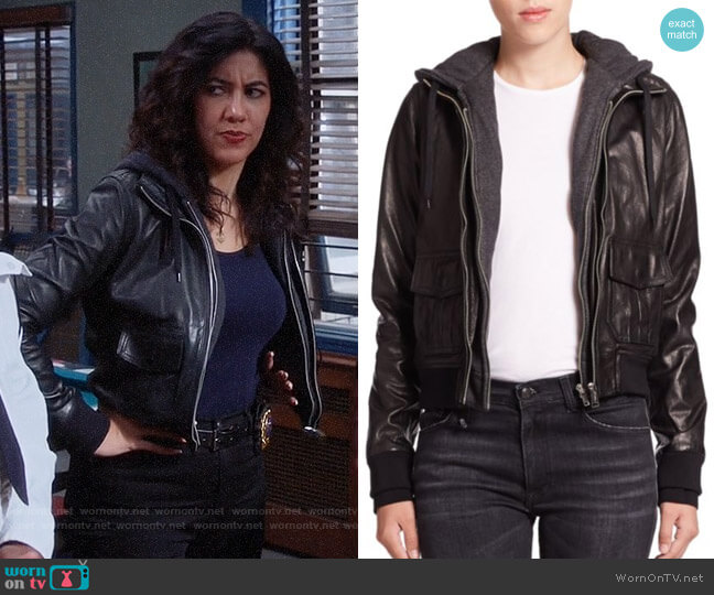R13 Layered Jersey-Hood Leather Bomber Jacket worn by Rosa Diaz (Stephanie Beatriz) on Brooklyn Nine-Nine