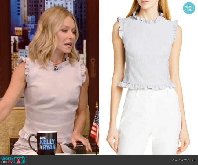 Rebecca Taylor Ruffle Detail Sleeveless Linen Blend Blouse worn by Kelly Ripa on Live with Kelly and Mark