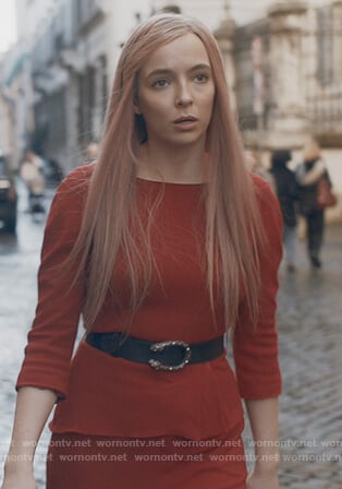 Villanelle’s red peplum top and pants on Killing Eve