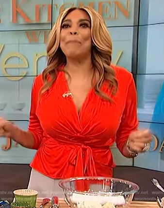 Wendy’s red wrap top and suede skirt on The Wendy Williams Show