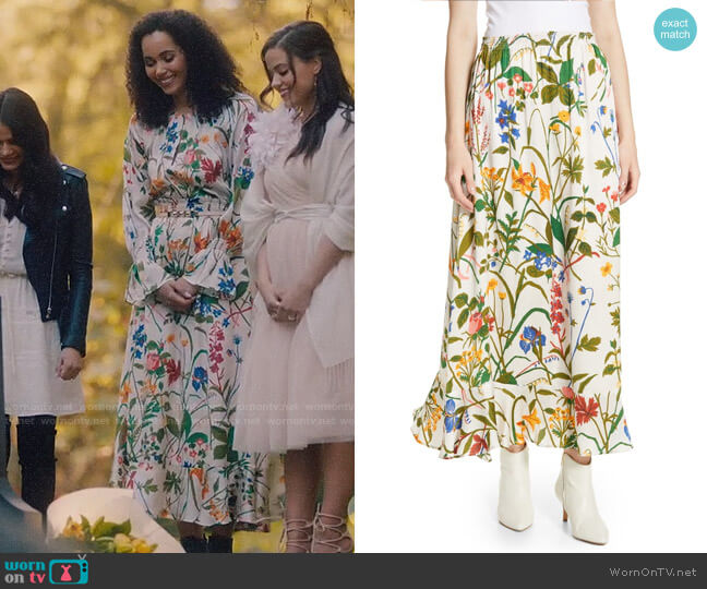 Rodebjer Irmaline Floral Print Silk Skirt worn by Macy Vaughn (Madeleine Mantock) on Charmed