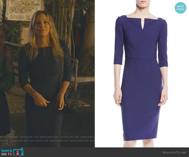 Roland Mouret Elbow-Sleeve Split-Neck Crepe Sheath Dress worn by Jen Harding (Christina Applegate) on Dead to Me