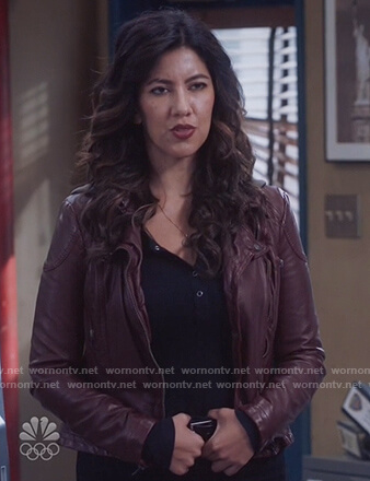 Rosa’s dark red leather jacket with hood on Brooklyn Nine-Nine