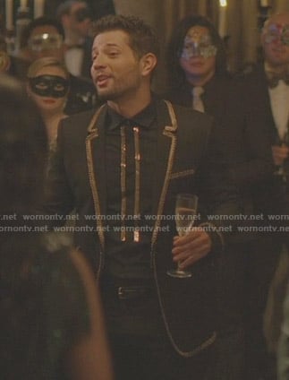 Sam’s black blazer with gold trim on Dynasty