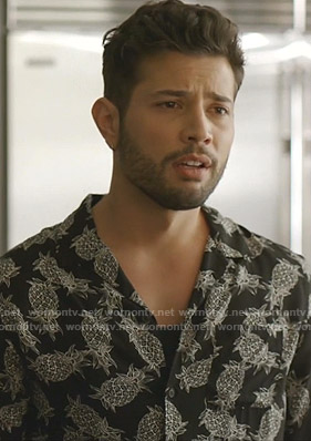 Sam’s black pineapple print shirt on Dynasty