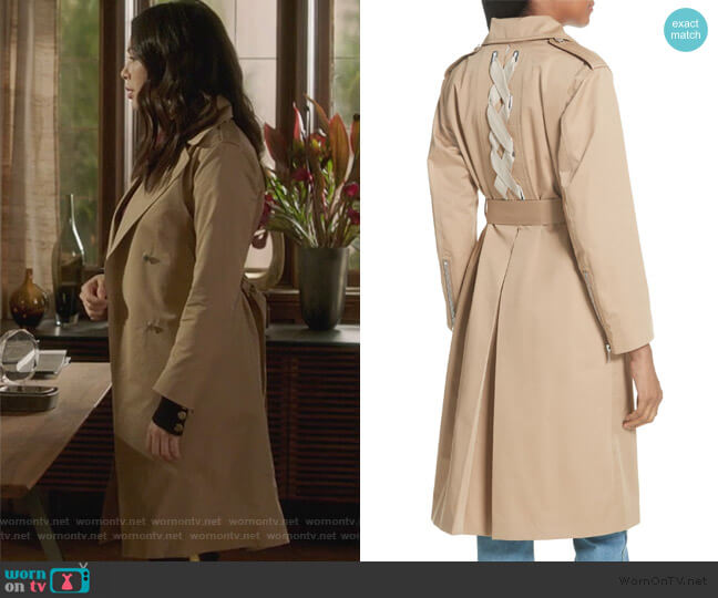 Sandro Emastic Laced Back Trench Coat worn by Mona Vanderwaal (Janel Parrish) on Pretty Little Liars The Perfectionists