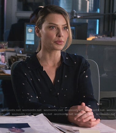 Chloe’s navy star print blouse on Lucifer