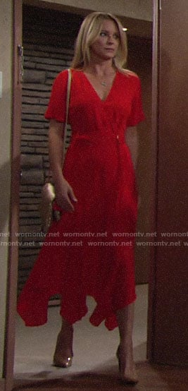 Sharon’s red belted midi dress on The Young and the Restless