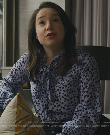 Marissa’s blue star print tie neck blouse on The Good Fight