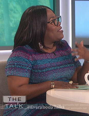 Sheryl’s blue striped tweed dress on The Talk