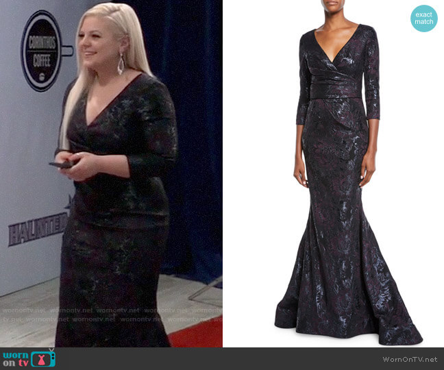 Theia 3/4 Sleeve Super-Stretch Jacquard Mermaid Dress worn by Maxie Jones (Kirsten Storms) on General Hospital