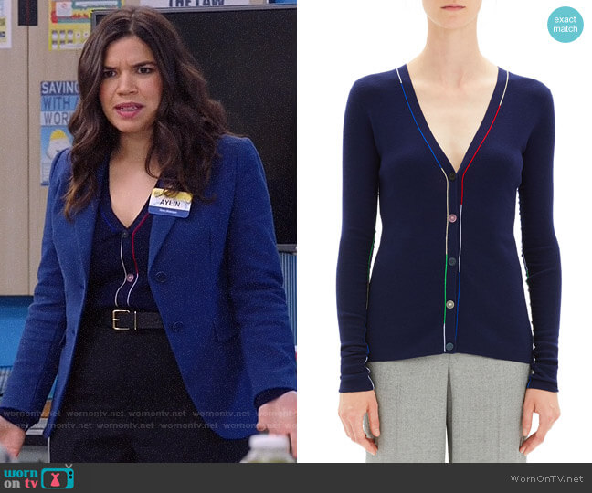 Theory Embroidered V-Neck Wool Cardigan worn by Amy (America Ferrera) on Superstore