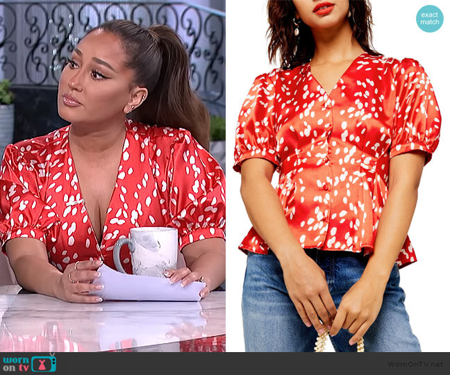Topshop Dalmation Pleat V-Neck Satin Blouse worn by Adrienne Houghton on The Real