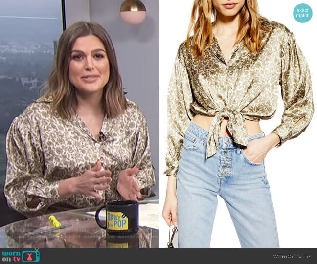Topshop Tie Hem Paisley Satin Shirt worn by Carissa Loethen Culiner on E! News