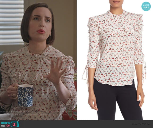 Veronica Beard Howell Floral Ruched Sleeve Silk Blouse worn by Jennifer Short (Zoe Lister-Jones) on Life in Pieces