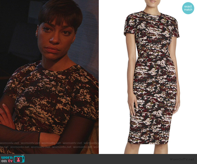Victoria Beckham Camo Print Cap Sleeve Sheath Dress worn by Lucca Quinn (Cush Jumbo) on The Good Fight