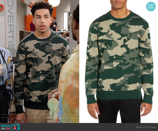 WesC Anwar Camo Crewneck Sweater worn by Andre Johnson Jr (Marcus Scribner) on Black-ish