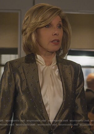 Diane’s white twist neck blouse on The Good Fight