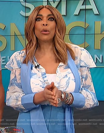 Wendy’s blue tie neck blouse and pants on The Wendy Williams Show