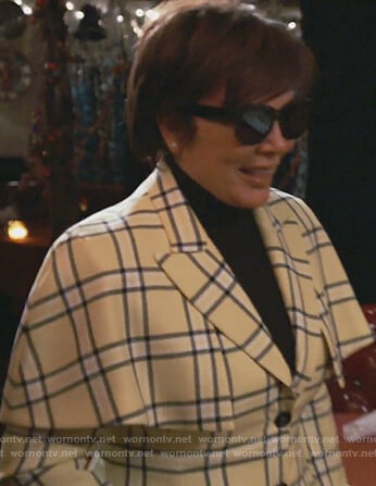 Kris’s yellow plaid cape blazer on Keeping Up with the Kardashians