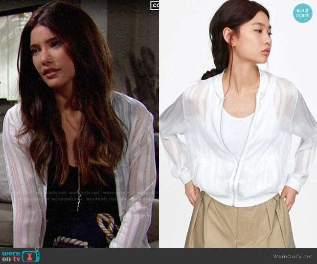 Zara Semi Sheer Bomber worn by Steffy Forrester (Jacqueline MacInnes Wood) on The Bold and the Beautiful