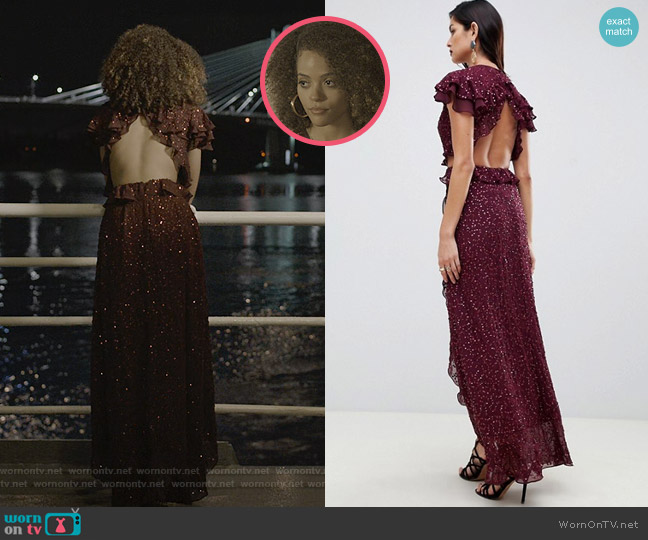 Asos Ruffle Maxi Dress with Open Back in All Over Sequin worn by Tabitha Foster (Quintessa Swindell) on Trinkets