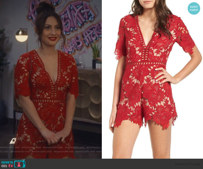ASTR the Label Short Sleeve V-Neck Lace Romper worn by Ana Torres (Francia Raisa) on Grown-ish