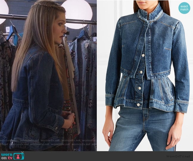 Alexander McQueen Layered Denim Peplum Jacket worn by Sutton (Meghann Fahy) on The Bold Type