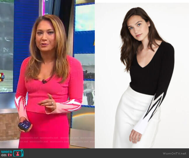 Autumn Cashmere Flare Stitch Rib V Top - Spring 2019 Collection worn by Ginger Zee on Good Morning America