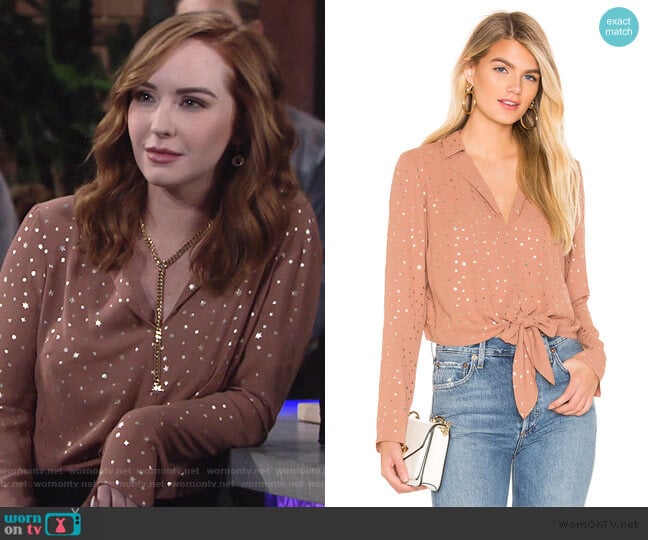 BCBGeneration Metallic Star Tie-Front Blouse worn by Mariah Copeland (Camryn Grimes) on The Young and the Restless