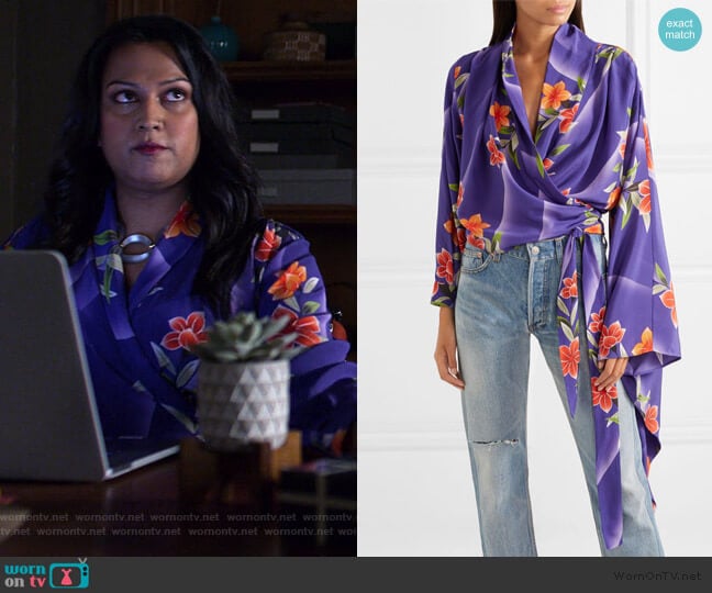 Balenciaga Floral-print silk-crepon wrap top worn by Jeryn Hogarth (Carrie-Anne Moss) on Jessica Jones