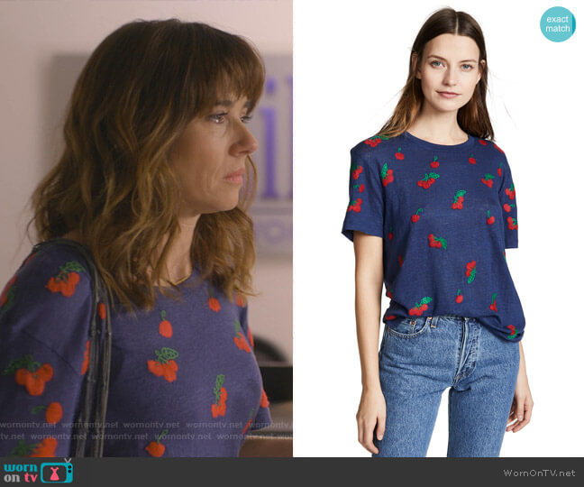 Banner Day Cherries Tee worn by Judy Hale (Linda Cardellini) on Dead to Me