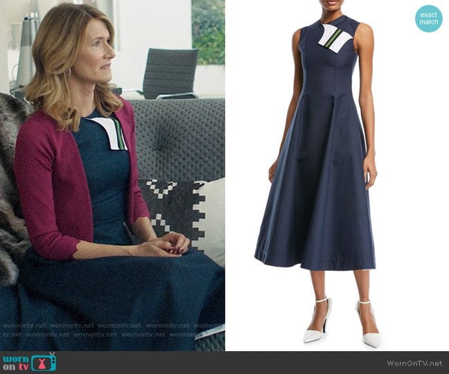 Calvin Klein 205W39NYC Sleeveless Fit-and-Flare Tea-Length Dress with Striped Foldover worn by Renata Klein (Laura Dern) on Big Little Lies