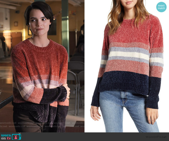 Cotton Emporium Stripe Chenille Sweater worn by Elodie Davis (Brianna Hildebrand) on Trinkets
