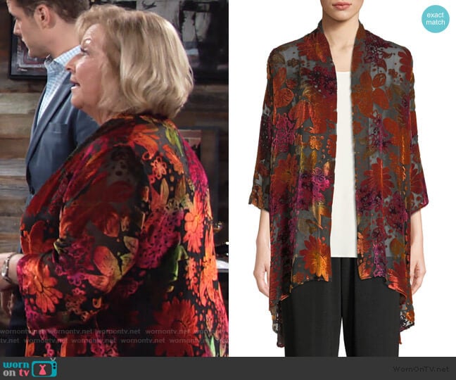 Caroline Rose Plus Size Evening Bouquet Velvet Burnout Cardigan worn by Traci Abbott (Beth Maitland) on The Young and the Restless