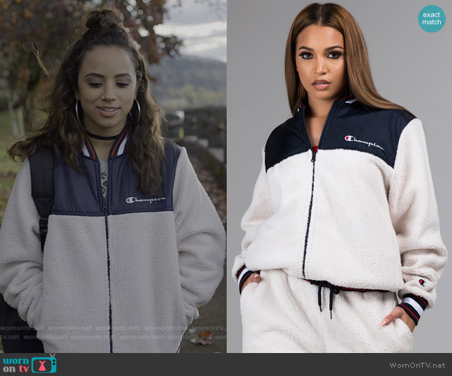 Champion Sherpa Baseball Jacket worn by Moe Truax (Kiana Madeira) on Trinkets