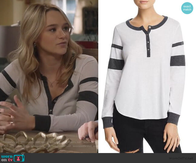 Chaser Sleeve Stripe Henley Tee worn by Clementine Hughes (Hunter King) on Life in Pieces