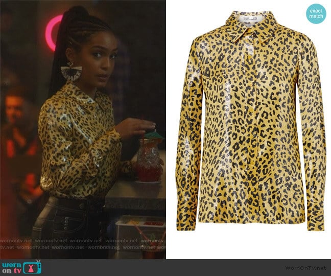 Diane von Furstenberg Leopard-print metallic silk-blend jacquard shirt worn by Zoey Johnson (Yara Shahidi) on Grown-ish