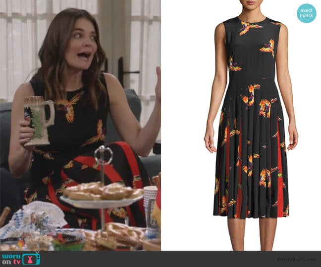 Diane von Furstenberg Talita Bird-Print Silk Pleated Sleeveless Dress worn by Heather Hughes (Betsy Brandt) on Life in Pieces