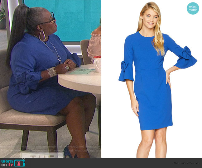 Donna Morgan Bell Sleeve Crepe Shift Dress w/ Bow Detail at Wrist worn by Sheryl Underwood on The Talk