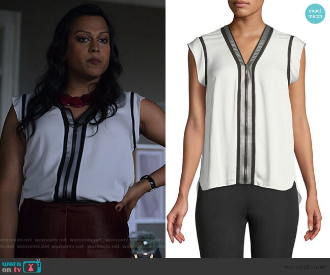 Elie Tahari Vallie Zip-Front Silk Blouse worn by Gillian (Aneesh Sheth) on Jessica Jones