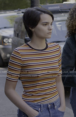 Elodie’s yellow striped ribbed tee on Trinkets