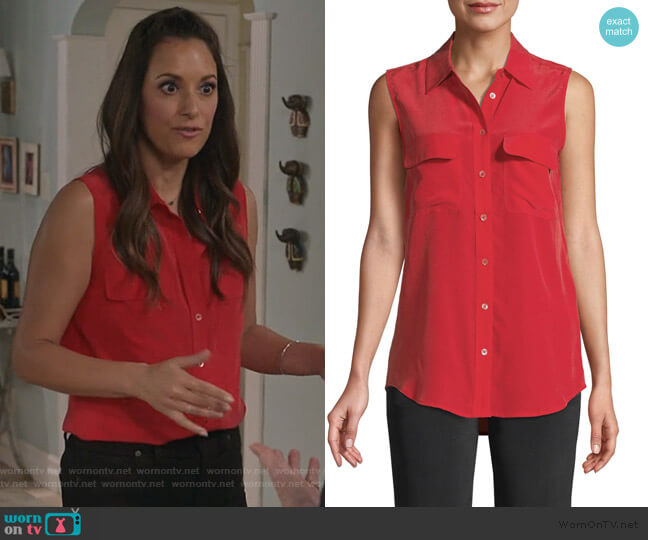 Equipment Slim Signature Silk Sleeveless Shirt worn by Colleen Brandon-Ortega (Angelique Cabral) on Life in Pieces