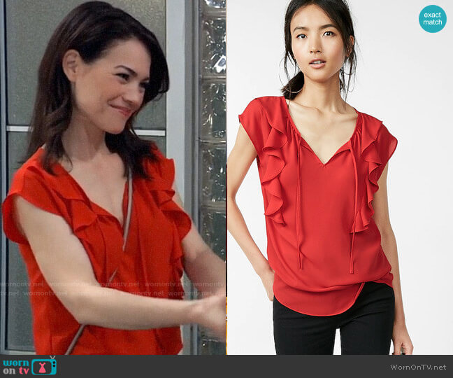 Express Tie Neck Ruffle Front Cap Sleeve Blouse worn by Elizabeth Webber (Rebecca Herbst) on General Hospital