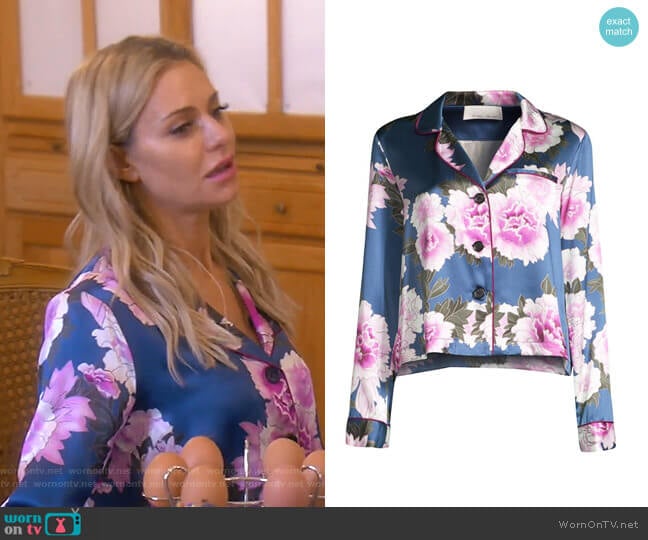 Fleur du Mal Floral-Print Silk Satin Pajama Top worn by Dorit Kemsley on The Real Housewives of Beverly Hills