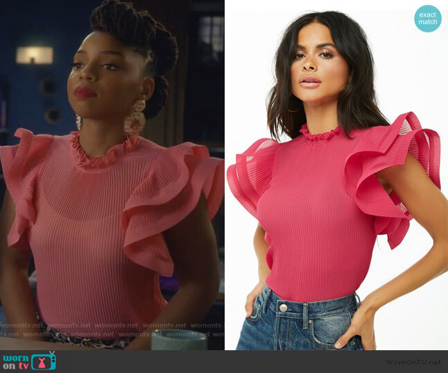 Forever 21 Pleated Ruffled Top worn by Jazlyn Forster (Chloe Bailey) on Grown-ish