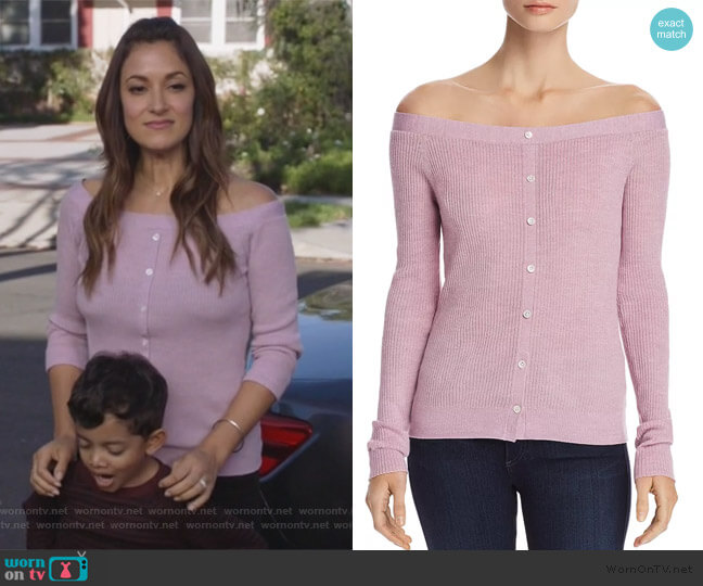Frame Off-The-Shoulder Button Detail Sweater worn by Colleen Brandon-Ortega (Angelique Cabral) on Life in Pieces