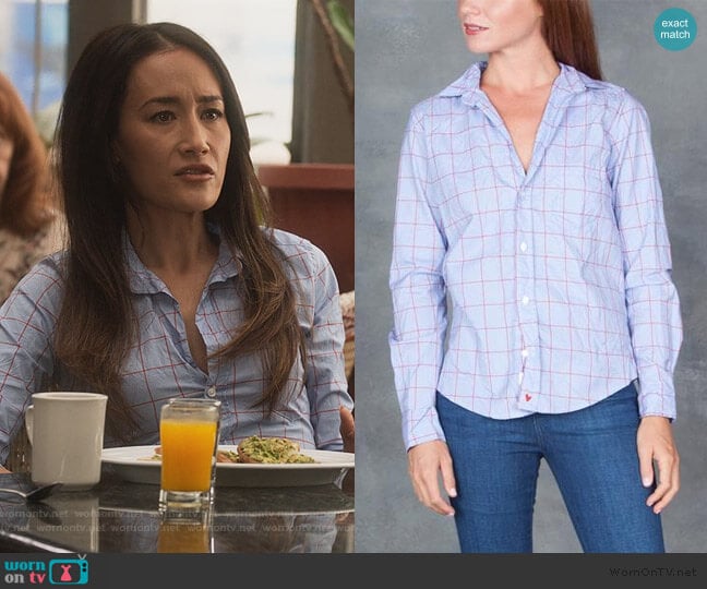Frank & Eileen Crinkled Blue Windowpane Poplin Blouse worn by Hannah Wells (Maggie Q) on Designated Survivor
