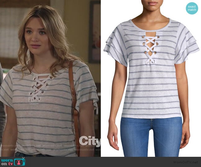 Generation Love Kiki Lace-Up Stripe Tee worn by Clementine Hughes (Hunter King) on Life in Pieces